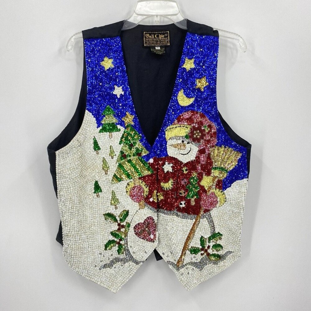 Bali Chic Sequin Vest Snowman Christmas Vintage Wearable Art Womens XL